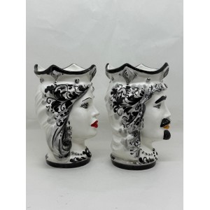 Ceramica di Caltagirone - Coppia Teste di Moro Bianco e Nero 2