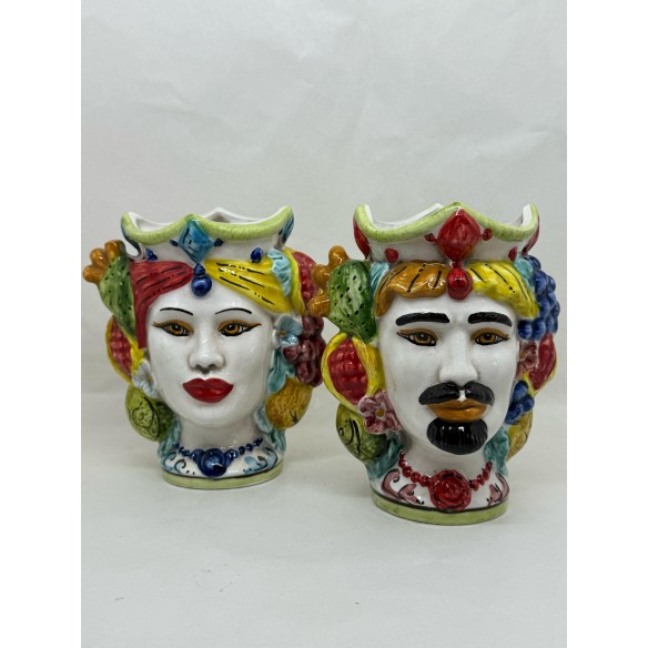 Ceramica di Caltagirone - Coppia Teste di Moro Frutta