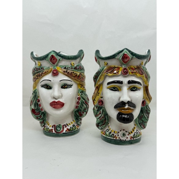 Ceramica di Caltagirone - Coppia Teste di Moro Verde Giallo e Rosso
