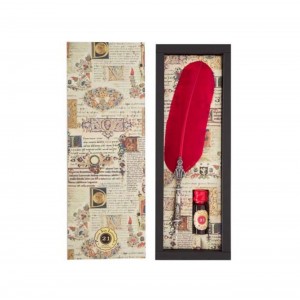 Set Calligrafico - Penna Stilografica con Piuma Rossa e...