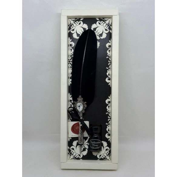 Penna con Piuma Nera e Cristallo Swarovski® – Set Calligrafico con Calamaio Nero