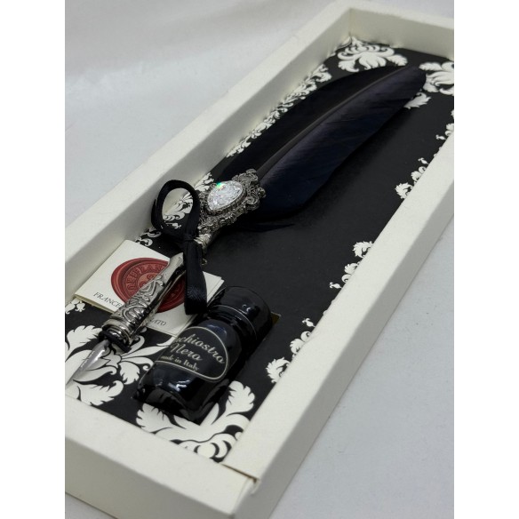 Penna con Piuma Nera e Cristallo Swarovski® – Set Calligrafico con Calamaio Nero