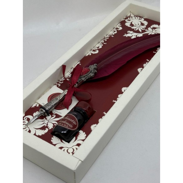 Penna con Piuma Bordeaux e Cristallo Swarovski® – Set Calligrafico con Calamaio Bordeaux