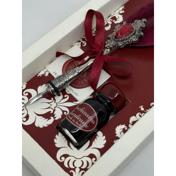 Penna con Piuma Bordeaux e Cristallo Swarovski® – Set Calligrafico con Calamaio Bordeaux