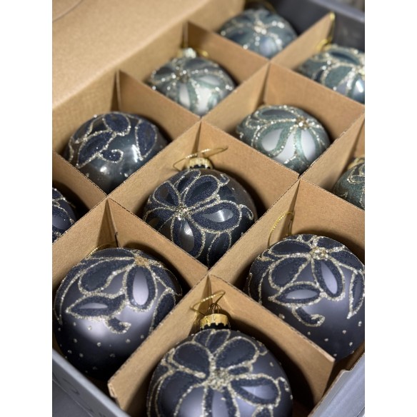 Set 6 Palline Grigio Antracite e Verde Fumé in Vetro Soffiato – Decori Floreali Artigianali