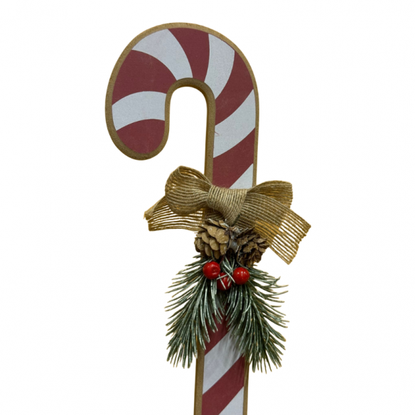 Bastoncino Natalizio in Legno con Fiocco, Pigne e Bacche Rosse