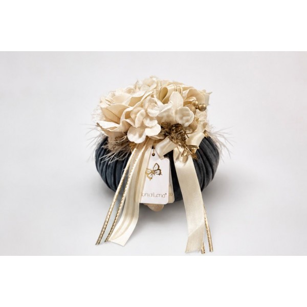 Pouf Decorativo in Velluto con Rose Avorio -...